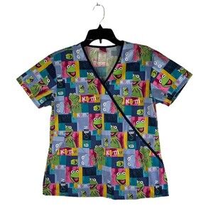 Disney Kermit The Frog Happy Face Go Green Frog Squares Collage Scrub Top Sz XS